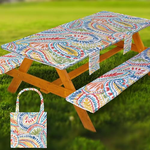 Fitted Picnic Table Cover with Bench Covers Waterproof Elastic Edges Rectangle Patio Tablecloth Outdoor Camping Essentials Stuff Rv Accessories Summer Trip Travel Supplies Party Camper Gifts, 8 ft - color: Blue Green Paisley, size: 96in