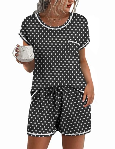 Ekouaer Womens Pajama Sets 2 Piece Soft Short Sleeve Top and Shorts Sleepwear Round Neck Pjs Lounge Set with Pockets - color: Black Dots, size: XX-Large