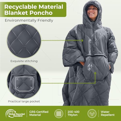 ATEPA Wearable Sleeping Bag Blanket Poncho, Recycled Water-Resistant Camping Poncho, Stadium Blanket for Outdoor Sports - color: Grey