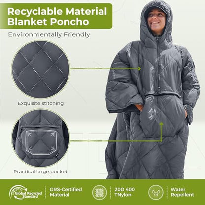 ATEPA Wearable Sleeping Bag Blanket Poncho, Recycled Water-Resistant Camping Poncho, Stadium Blanket for Outdoor Sports - color: Grey