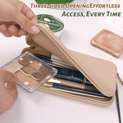 Sakolla Travel Zipper Makeup Brushes Bag Silicone Large Makeup Brush Holder Women Pouch Case for Daily, Work, Essentials（Khaki） - color: Large-Khaki