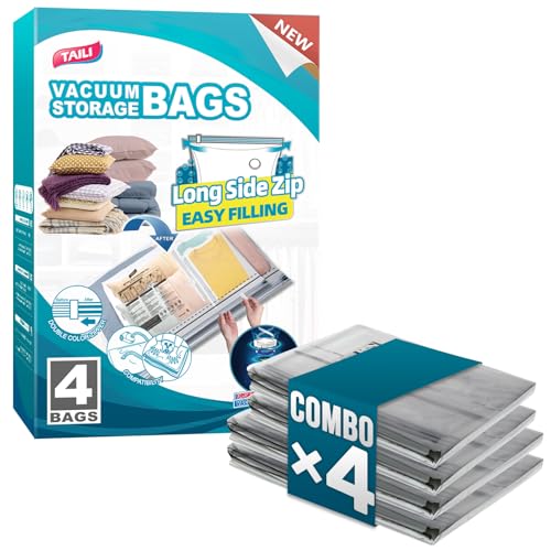 TAILI Vacuum Storage Bags 4 Pack, LONG SIDE ZIP (2 Large+2 Jumbo), Multi-Size Vacuum Seal Bags for Clothing, Storage Bulky Beddings, Blankets and Clothes, Space Saver for Closet Organization - size: 4 Combo
