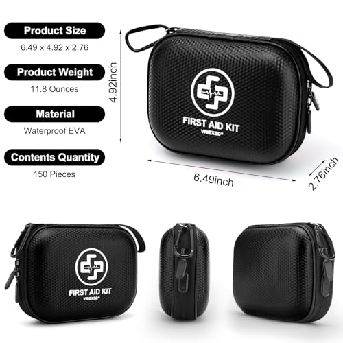 Mini First Aid Kit - 150 Piece Small Waterproof Hard Shell Medical Kit for Home, Car, Travel, Camping, Truck, Hiking, Sports, Office, Vehicle & Outdoor Emergencies (Black) - color: Black