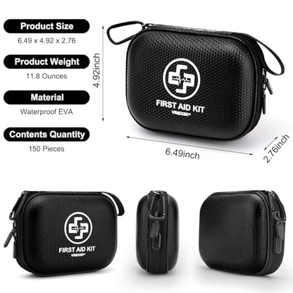 Mini First Aid Kit - 150 Piece Small Waterproof Hard Shell Medical Kit for Home, Car, Travel, Camping, Truck, Hiking, Sports, Office, Vehicle & Outdoor Emergencies (Black) - color: Black