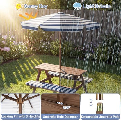 Costzon Kids Picnic Table, Wooden Toddler Outdoor Table & Bench Set with Removable Umbrella & Cushions, Stripe Fabric, Kids Outdoor Furniture for Patio Backyard Garden, Fits 4 Children Age 3+ (Navy)