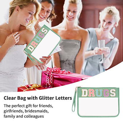 Iqimott Chenille Letter Clear Bag Drugs Pouch, Monogram PVC & PU Makeup Cosmetic Bag Zipper Toiletry Pouch, Waterproof Portable Purse Travel Beach Snack Wristlet Bags for Women Girls(Drugs,Green) - color: Drugs-NewGreen