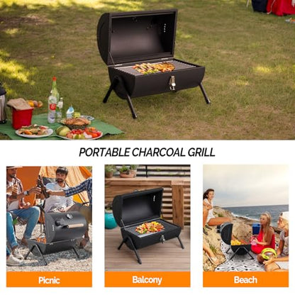 VINGLI Portable Charcoal Grill with Thermometer & Wooden Handle, Multi-functional Metal Compact Tabletop BBQ Outdoor Charcoal Grill for Camping Travel Picnic Patio - style: One-Side