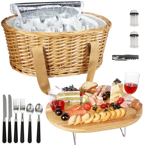 Hap Tim Wicker Picnic Basket Set for 2 with Mini Folding Wine Picnic Table & Large Insulated Cooler Bag & Cutlery Service Kits for 2 Person, Couples Gifts, Wedding Gifts (Y2209-2-CM) - color: Cream White, size: 2 person