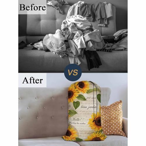 Swono Sunflowers Laundry Bag with Drawstring Straps, Heavy Duty Extra Large Laundry Bags for Laundromat Household, Hand Drawn Old Letters Floral Repeat Print Golden Blossom Travel Dirty Clothes Bag - color: Sunflowers