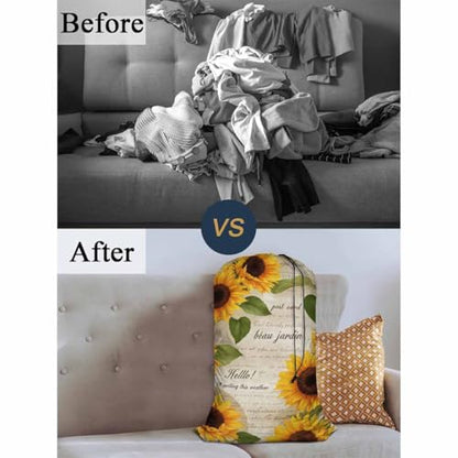 Swono Sunflowers Laundry Bag with Drawstring Straps, Heavy Duty Extra Large Laundry Bags for Laundromat Household, Hand Drawn Old Letters Floral Repeat Print Golden Blossom Travel Dirty Clothes Bag - color: Sunflowers