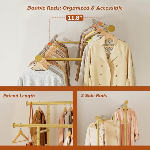 Clothes Rack, Double Rods Clothing Rack, Clothing Racks for Hanging Clothes, Rolling Clothes Rack with Storage Basket & Heavy Duty Wheels, Garment Rack for Bedroom, Laundry Room, Gold - color: Gold