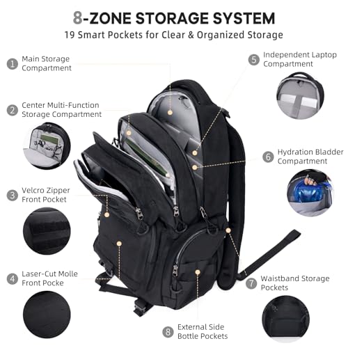 Timeet Tactical Backpack for Men, 21 Inch Black 40L Large Capacity, Laser Cut Molle Three Sided Opening, Water Resistant 17 inch Laptop Military Hiking 3 Day Assault Pack - color: Black