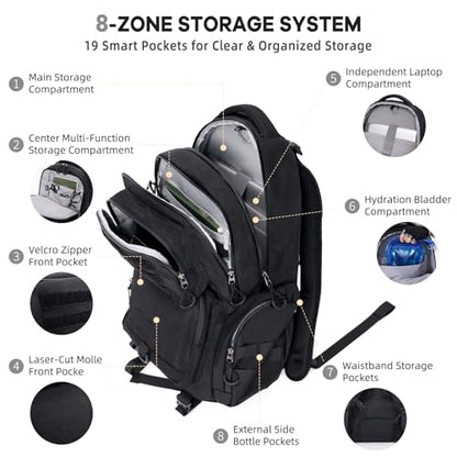 Timeet Tactical Backpack for Men, 21 Inch Black 40L Large Capacity, Laser Cut Molle Three Sided Opening, Water Resistant 17 inch Laptop Military Hiking 3 Day Assault Pack - color: Black