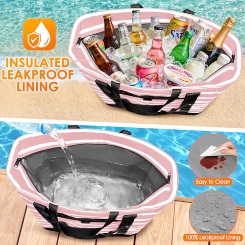 Cooler Bag Insulated, Soft Side Cooler, Reusable Grocery Bags with Zipper Closure, Thermal Leakproof Large Insulated Tote Bag for Hot/Cold Food for Grocery, Beach, Travel, Picnic - color: Pink and White