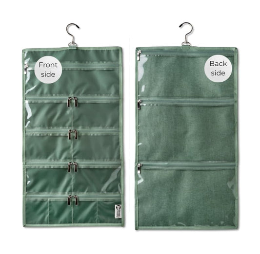On-The-Go Organizer, 14 Clear Vinyl Pockets, Hanging Travel Case for Makeup and Accessories, 13.5 x 24 inches (Moss, Large) - color: Moss, size: Large