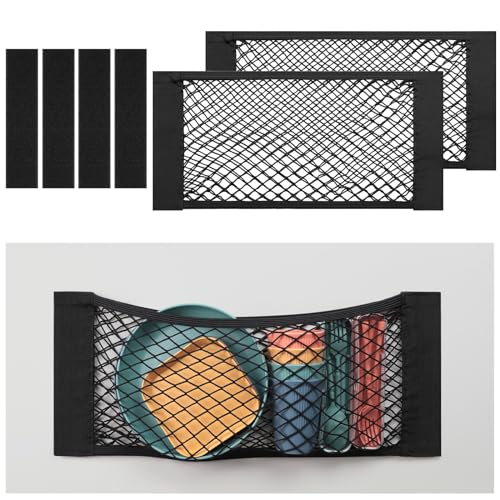TOBWOLF 2PCS 25x60cm / 9.8x23.6in Car Storage Net Bag with Tape Stickers, Adhesive Mesh Pocket Net String Pouch Bag, Stretchable RV Storage Netting, Wall Sticker Organizer Pouch Bag for Home Storage - color: Hook & Loop Adhesive Stickers, size: 9.8 x 23.6