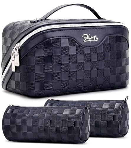 BOYATU Travel Makeup Bag Organizer: 3 Pcs Set Large Capacity Cosmetic Bags Holds 10–20 100ml Full-Size Bottles - 180°Open-Flat Make up Case 3-sec touch-up - Toiletry Bag Gift women (03-A-Dark Blue) - color: 01-G-Dark Blue