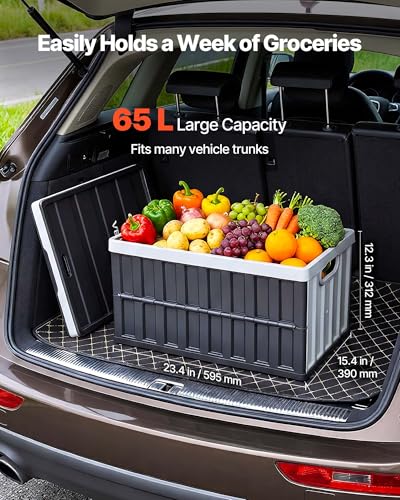 VEVOR Plastic Collapsible Storage Bins with Lids, 65L 2 Packs, Stackable Folding Storage Crates with Handles, Holds 84 lbs Per Bin, Heavy Duty Containers, Space-Saving Baskets, for Home Organizing