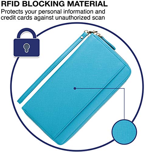 Travel Document Organizer - RFID Passport Wallet Case Family Holder Id Wristlet - color: Family Aqua Blue