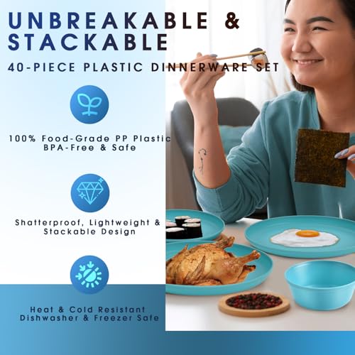 40 Piece Plastic Dinnerware Set for 8 with Cutlery, Unbreakable Plates and Bowls Set, Dishwasher & Microwave Safe Reusable Dish Set for Camping, RV, Outdoor Kitchen, Apartment Dining, Teal - color: Blue