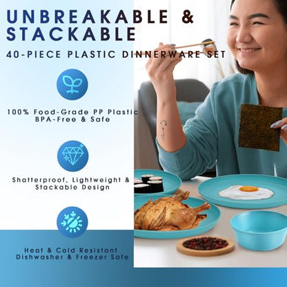 40 Piece Plastic Dinnerware Set for 8 with Cutlery, Unbreakable Plates and Bowls Set, Dishwasher & Microwave Safe Reusable Dish Set for Camping, RV, Outdoor Kitchen, Apartment Dining, Teal - color: Blue