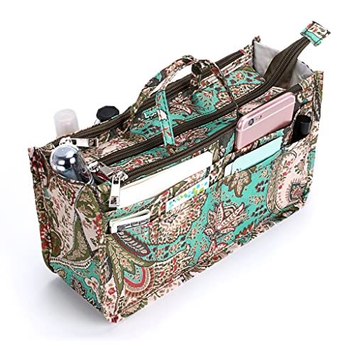 BTSKY New Printing Handbag Organizers Inside Purse Insert-High Capacity 13 Pockets Bag Tote Organizer with Handle Peacock Flower - color: Green+Brown