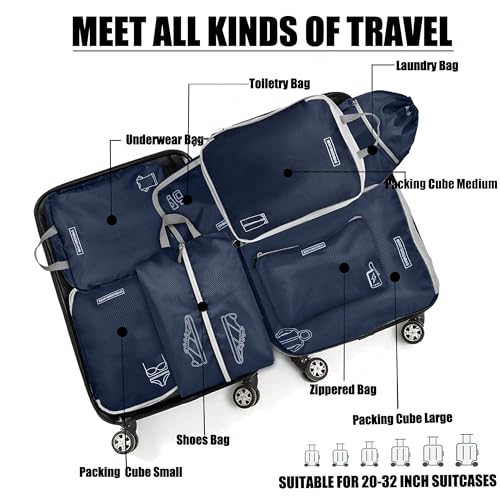 8 Set Expandable Compression Packing Cubes for Suitcases Travel Essentials Carry On Waterproof Storage Bag With Dry And Wet Separation Dark Blue - color: Dark-Blue