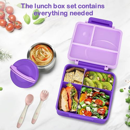 Bento Lunch Box Set for Kids with 8oz Soup Thermo, Leak-Proof Lunch Containers with 4 Compartment, Kids Thermo Hot Food Jar and Insulated Lunch Bag for Kid to School-Purple - color: Purple