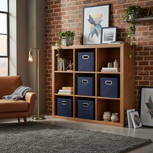Household Essentials Fabric Storage Bins 6 Piece Set, Strong Poly-Woven Fabric, Sturdy Chipboard Sides, Grommet Front Handle, Stackable and Foldable, Classic Design, Navy - color: Navy, size: 11” L x 11” W x 11” H