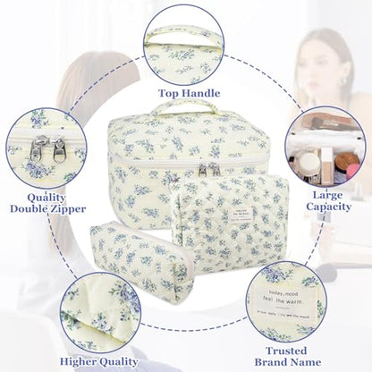 Gosect Makeup Bag Set, Quilted Makeup Bag, Large Floral Cosmetic Bag for Women, Cute Cotton Makeup Bags, Flower Travel Toiletry Organizer Bag (Blue Floer) - color: LSHK