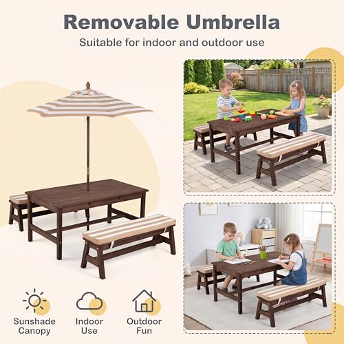 HONEY JOY Kids Picnic Table, Large 42“x 23” Tabletop, Fir Wood Toddler Outdoor Table & Bench Set w/Removable Cushions & Umbrella, Children Backyard Furniture for Patio Garden, Seats for 4 (Walnut) - color: Walnut