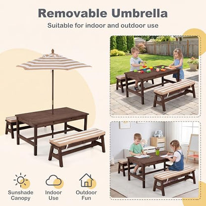 HONEY JOY Kids Picnic Table, Large 42“x 23” Tabletop, Fir Wood Toddler Outdoor Table & Bench Set w/Removable Cushions & Umbrella, Children Backyard Furniture for Patio Garden, Seats for 4 (Walnut) - color: Walnut