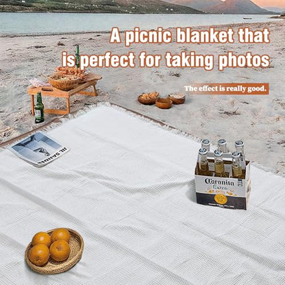 stylish white picnic blanket waterproof and sandproof,all-weather 2-in-1 dual-layer beach blanket for families, outdoor adventures and pets (Grid pattern) - color: White-gird