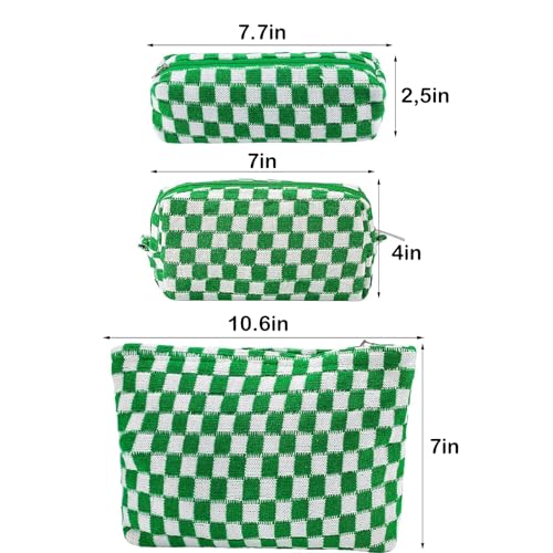 ZLFSRQ 3Pcs Checkered Makeup Bag for Women Large Small Checkered Cosmetic Bag Set Aesthetic Preppy Pencil Case Cute Pencil Pouch Green Makeup Pouch for Purse Travel Toiletry Bags Zipper Skincare Bags - color: B-Checkered 3Pcs Mix Green