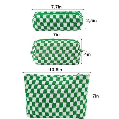 ZLFSRQ 3Pcs Checkered Makeup Bag for Women Large Small Checkered Cosmetic Bag Set Aesthetic Preppy Pencil Case Cute Pencil Pouch Green Makeup Pouch for Purse Travel Toiletry Bags Zipper Skincare Bags - color: B-Checkered 3Pcs Mix Green