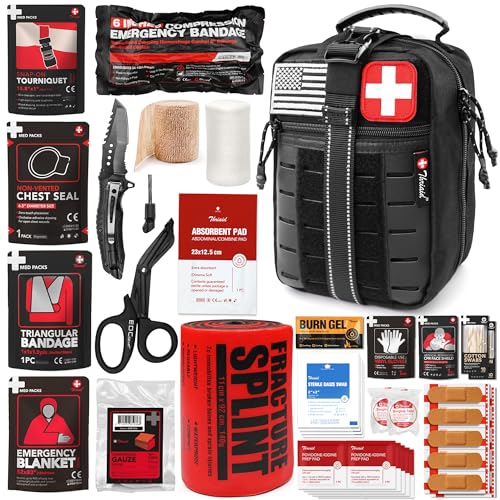 Survival First Aid Kit with Israeli Bandage, Chest Seal, Tourniquet, Splint, Tactical Military Combat Molle IFAK for Wound Care, Bleeding Control, Trauma Hemorrhage and More (Black) - color: Black