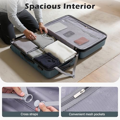 Coolife Expandable Large Checked Luggage with Spinner Wheels, Hard Shell Suitcase TSA Lock Rolling Travel Luggage 28-inch,Teal Blue - color: Teal blue, size: Large(28in)