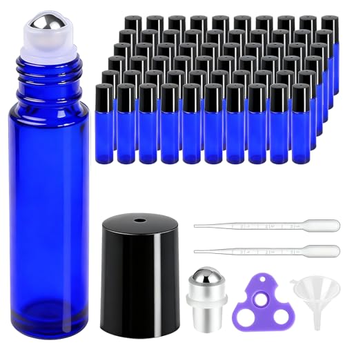 PrettyCare 60 Pack, Bulk 10 ml Essential Oil Roller Bottles with Stainless Steel Roller Ball - Bulk Refillable Leak-proof Empty Thick Blue Glass Roll on Bottles with Black Caps for Travel, Perfume - color: Blue with Black Cap, size: 60 Pack