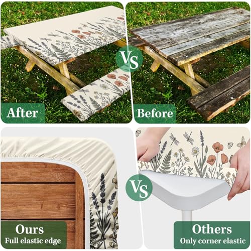 Picnic Table Cover with Bench Covers Elastic Edges, Botanical Camper Fitted Table Cover, Outdoor Camping Essentials 72 Inch 3PCS, Waterproof Camping Fitted Tablecloth with Drawstring Bag - color: Botanical, size: 72in