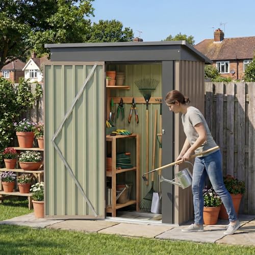 Devoko 5 x 3 FT Storage Sheds with Floor Frame, Waterproof Garden Tool Shed with Lockable Door, Outdoor Metal Small Shed for Backyard Patio Lawn, Brown - color: Brown, size: 5x3 FT with Floor Frame