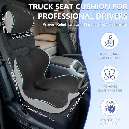 Truck Driver Seat Cushion Set - Memory Foam for Lower Back & Sciatica Pain Relief - Ergonomic Headrest Neck Pillow for Semi Truck & Car Dark Gray