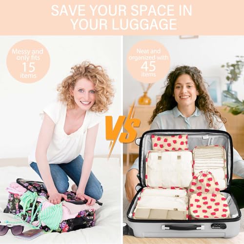 KPX 8 Set Packing Cubes for Travel, Luggage Packing Organizers Accessories Large Toiletries Bag for Clothes Shoes Cosmetics (Strawberry) - color: 8Set-Strawberry