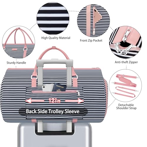 Convertible 2-in-1 Garment Bags for Travel, Carry On Garment Duffle Bag With Shoe Compartment Large Weekender Bag for Women Men Hanging Suitcase Suit Travel Duffel Overnight Bags 4pcs Set - color: Black White Stripe