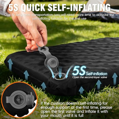 Inflatable Seat Cushion, Self-Inflating Memory Foam Stadium Seats Cushion Lightweight & Compact Chair Sitting Pad Airplane Cushion for Long Flight Travel Outdoor Camping Car Bleachers Office - color: 1 Pack Black