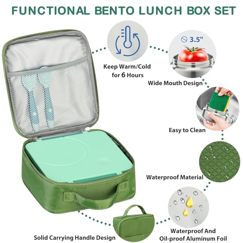 Bento Lunch Box Set for Kids with 8oz Soup Thermo, Leak-Proof Lunch Containers with 4 Compartment, Kids Thermo Hot Food Jar and Insulated Lunch Bag for Kid to School-Green - color: Green