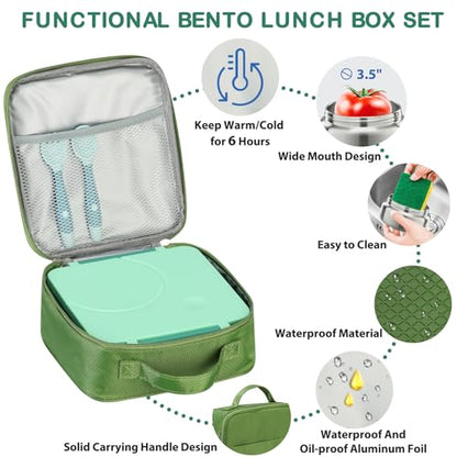 Bento Lunch Box Set for Kids with 8oz Soup Thermo, Leak-Proof Lunch Containers with 4 Compartment, Kids Thermo Hot Food Jar and Insulated Lunch Bag for Kid to School-Green - color: Green