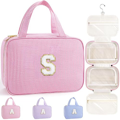 TOPEAST Hanging Toiletry Bag - Large Capacity Personalized Travel Bag for Women, Cruise Ship Essentials - Letter S, Pink - color: Pink, style: S