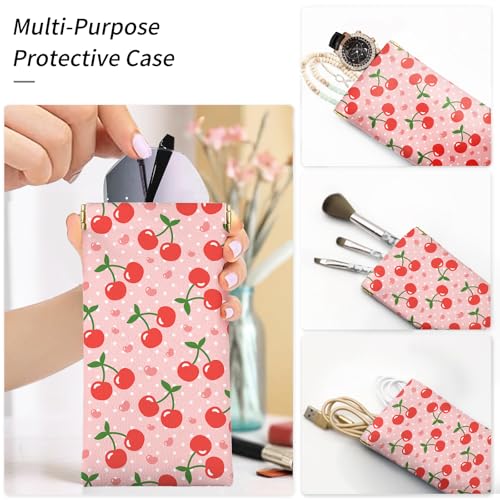 Glasses Case Soft, Eyeglass Cases for Women Portable Squeeze Top PU Leather 2 Pack Glasses Pouch with Cleaning Cloth - color: 2pcs Cherry