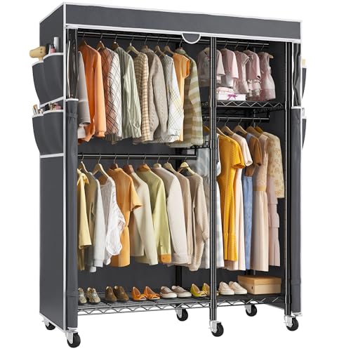 Raybee Rolling Clothes Rack with Cover, Clothing Racks for Hanging Clothes, Heavy Duty Portable Closet with Wheels, Garment Rack for Bedroom, Quick Assembly, Black - color: Black, size: 44.88"W