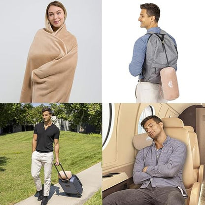 BlueHills Travel Blanket Pillow Rolled Premium Soft Plush Airplane Throw Traveler Essentials Gift Compact in a Bag 70X48 inches Long Car Plane Flight Portable Beige R06 - color: R06-beige